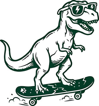 Cool trex dinosaur riding a skateboard, handdrawn vector illustration of a funny dinosaur wearing sunglasses