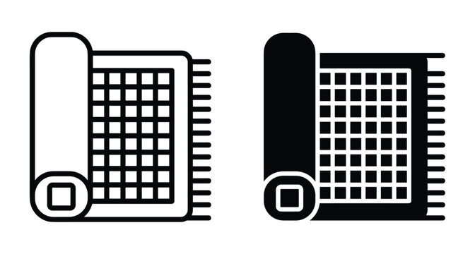 Rolled carpet icon set with grid pattern and fringe details for interior design home decor flooring and textile industry symbols