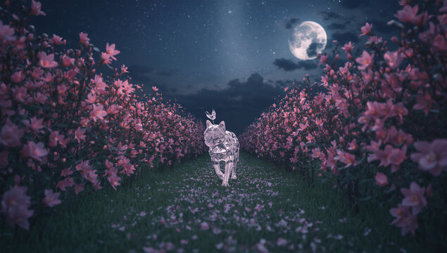 星空の花の小径を歩くクリスタルの猫の幻想風景