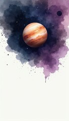 Fototapeta premium Orange gas giant planet with swirling clouds and stars in deep space. Artistic watercolor illustration with splash effect on white background. Solar system planet art.