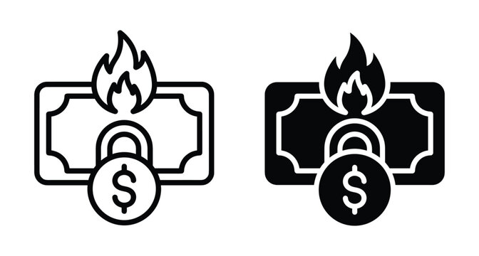 Burning money banknote icon set with padlock and dollar sign representing financial loss inflation economic crisis risk and frozen assets security