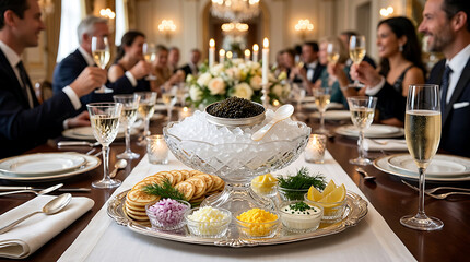Fototapeta premium Elegant Caviar Presentation Served with Accompaniments on Crushed Ice at a Formal Dining Event
