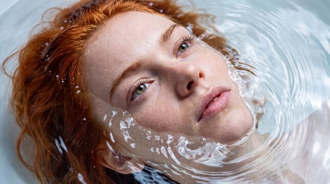 High-angle close-up of a beautiful young woman with red hair and freckles floating in clear water, looking serene and peaceful.