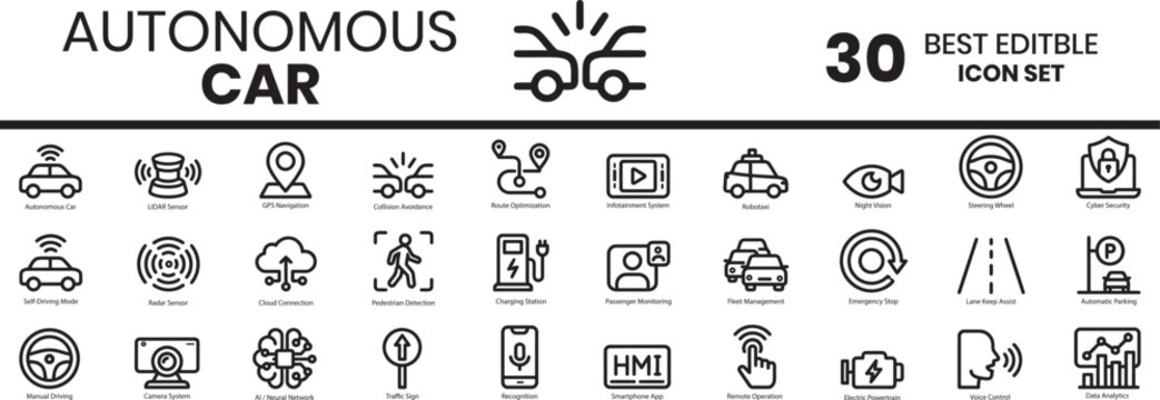Smart home automation climate control outline icon set featuring temperature humidity sensor monitoring vector collection. Autonomous car icon set 30 editable icons for self driving vehicles