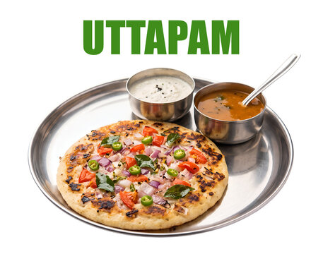 South Indian breakfast showcasing vegetable uttapam pancake served with sambar and coconut chutney