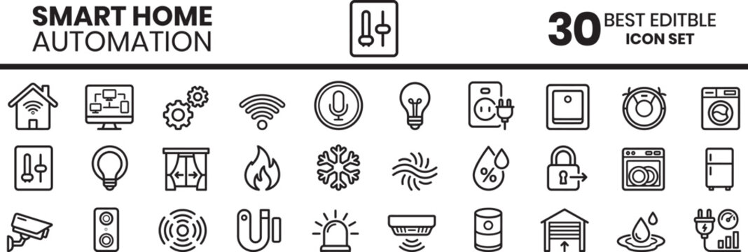 Smart home automation climate control outline icon set featuring temperature humidity sensor monitoring vector collection. Smart home automation icon set editable icons for home tech