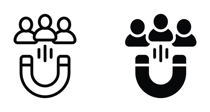 Magnet icon attracting people silhouettes representing customer retention lead generation marketing strategy audience engagement recruitment business growth and digital influence concept