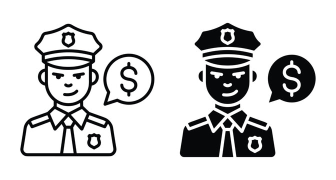 Corrupt police officer icon set representing bribery financial crime and illegal payments with dollar sign speech bubble in linear glyph styles