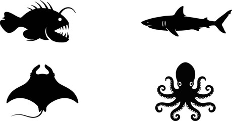 Set of black silhouettes of dangerous marine animals including anglerfish shark stingray and octopus for aquatic theme with stingray, anglerfish © Dhriti Roy