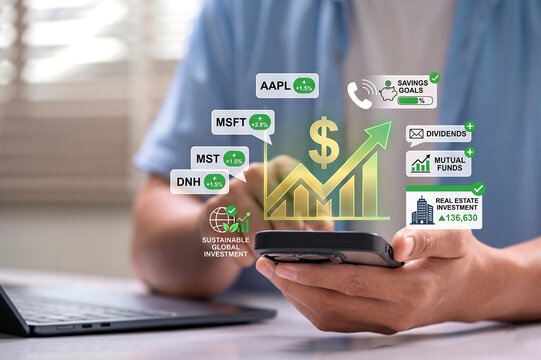 Man Analyzing Stock Market Data on Smartphone with Digital Financial Graphics and Company Tickers