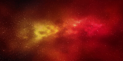 A vibrant nebula of red and yellow hues swirls in the vast expanse of space, resembling cosmic dust and gas igniting with stellar energy, a breathtaking display of universal creation. © RD Visuals