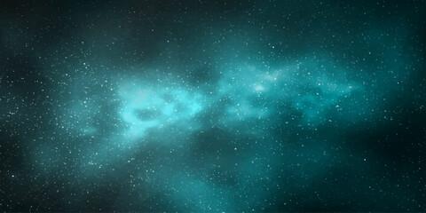 A vibrant turquoise nebula swirls with cosmic dust and distant stars, creating a breathtaking celestial panorama in the vast expanse of outer space. © RD Visuals