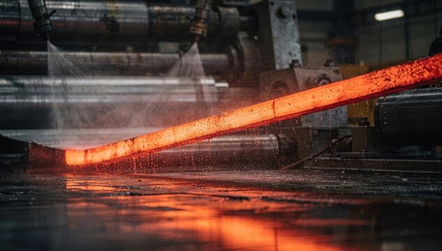 Medium shot emphasizing a hot steel strip glowing bright red as subtle cooling sprays create a faint mist with blurred runout equipment in the background.