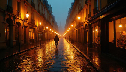 Fototapeta premium Wet cobblestone street reflects warm lamplight in dusk fog. Lone man walks down European city lane. Ornate buildings line avenue, shop windows glow invitingly.