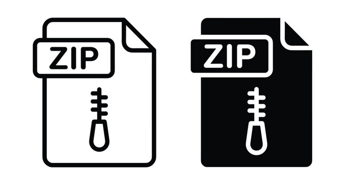 ZIP file format document icons set with zipper symbol in outline and solid black styles for data compression and storage