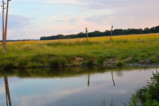 A small calm river flows past green pastures and spacious fields under the evening summer sky. The water surface softly reflects the distant forest line, wooden poles, and gentle shades of sunset clou