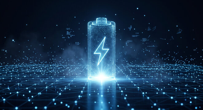 Glowing digital battery hologram representing energy storage power technology and sustainable electricity infrastructure