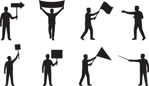Set of people silhouettes holding blank signs banners flags and arrow pointers for demonstration or presentation