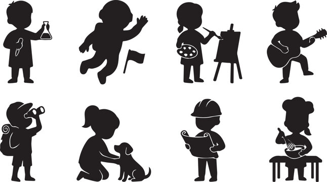 Set of kids silhouettes practicing different professions and hobbies like scientist artist chef and musician