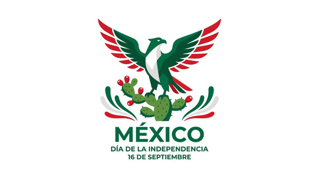 Mexican Independence Day Celebration Graphic with Stylized Eagle and Prickly Pear Cactus