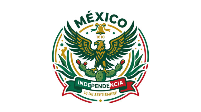 Mexican Independence Day Heraldic Emblem with Eagle and Cactus Symbol