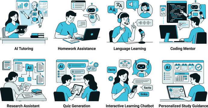 AI Education Assistant and Personalized Learning Platform Vector Illustration Collection for Digital Education