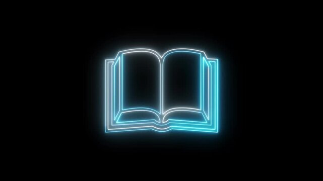Cyan glowing open book icon animation on black background. Perfect for education, digital learning, libraries, knowledge, tutorials, presentations and motion graphics.