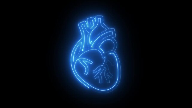 Glowing heart cardiogram line. Electrocardiogram show heart beat line Heart health, neon heart shape icon with glowing electrocardiogram medical pulse wave line.