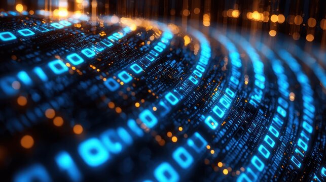 Global digital data flow, futuristic network, glowing binary code, background lights, tech illustration