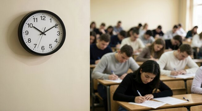 Analog wall clock ticking during a university exam. Group of students writing a test in a classroom. Time management and education concept