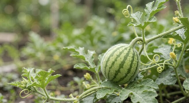 Close up of a small unripe striped watermelon growing on a vine with green leaves and yellow flowers in a garden