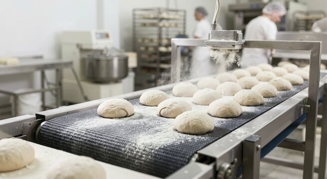 Raw bread dough portions moving on a conveyor belt in a commercial bakery. Automated flour sprinkling machine in industrial food production facility