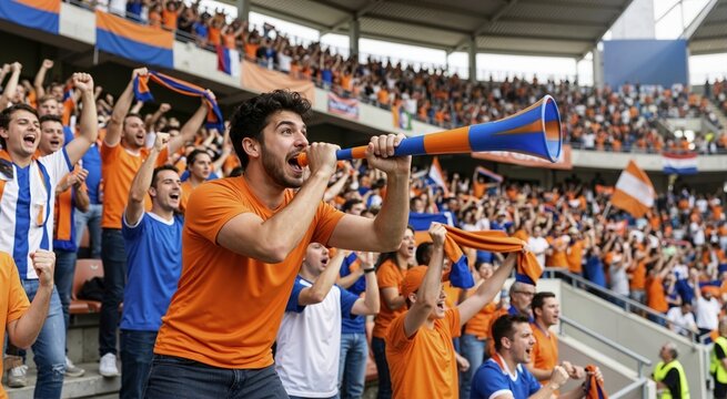 Enthusiastic sports fan blowing a vuvuzela horn in a crowded stadium. Supporters in orange and blue cheering at a football match