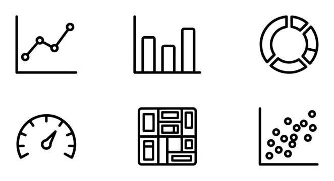 Minimalist Data Visualization Icons, Financial Charts, Analytics Graphs, Performance Gauge, Business Statistics