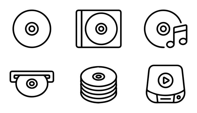 Compact Disc Icons, Digital Media Storage, Music Playback Devices, Vector Graphics Set