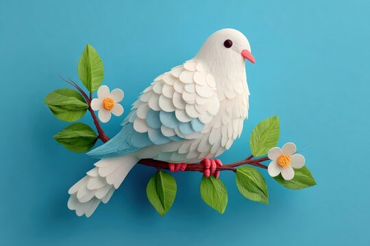 Minimal vector illustration of white dove holding olive branch on soft blue background, Peace Day design