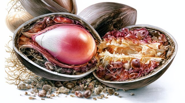 Detailed botanical illustration of a cracked exotic nut with red fleshy pulp and seed isolated on white background
