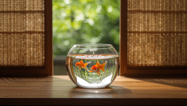 縁側の金魚鉢が涼しさを感じさせる日本の夏風景