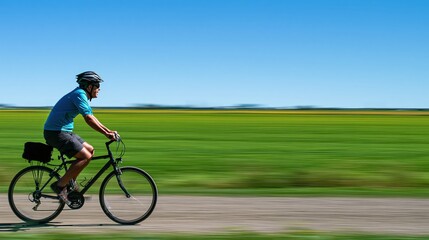 Fototapeta premium Cyclist riding along sunny rural path with expansive blue sky and green field