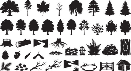 Fototapeta premium Black silhouette icons of trees plants and forest elements on white background