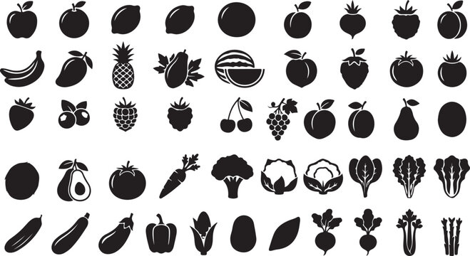 Black and white fruit and vegetable icon set