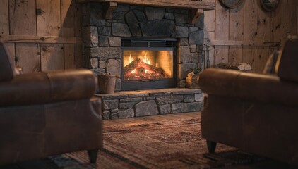 Fototapeta premium Snug mountain lodge corner featuring gently smoldering embers in the stone fireplace blurred leather armchairs and textured rugs softly framing the setting.