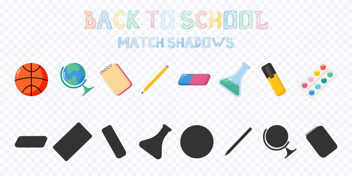 Game for kids. Back to school theme.Educational matherials.Match shadows. Logical game with school supplies.Educational game for children.Connect elements with their shadows.Vector illustration.