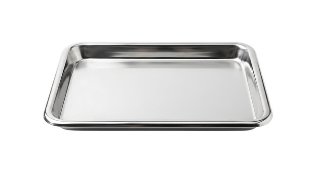 Polished stainless steel tray on white background, empty metallic baking sheet for food presentation, rectangular chrome serving platter