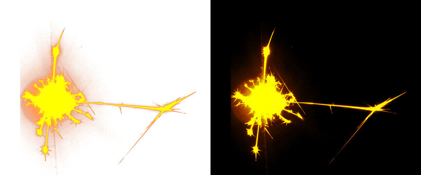 Glowing yellow muzzle flash effect, bright orange gun fire spark on black and white backgrounds, explosive weapon blast light flare