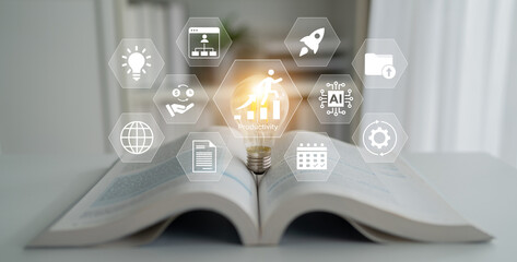 An open book with a glowing light bulb symbolizes creativity and innovation, surrounded by icons representing productivity and technology for educational themes. Gantry © InfiniteFlow