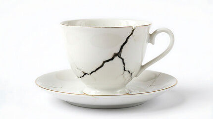 Fototapeta premium A Cracked White Ceramic Tea Cup and Saucer Isolated on a Plain White Background