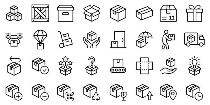 Boxes line icon set. Package, delivery, warehouse, truck, freight location tracking minimal vector illustrations. Simple outline signs for logistics service. Editable Stroke.