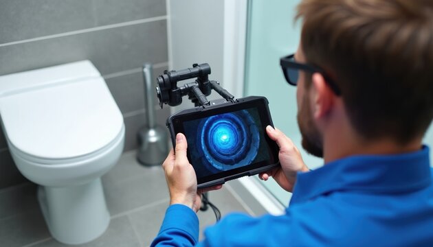 Plumber inspects toilet drain with camera on tablet. Technician uses borescope tool for sewer pipe inspection and diagnosis. Modern tech checks interior pipes for clogs or damage.