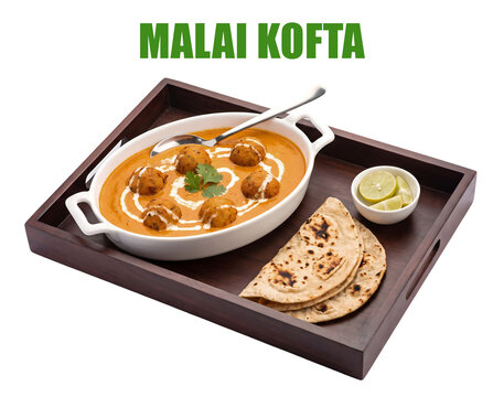 Mughlai style dish featuring creamy malai kofta curry with tandoori roti on dark wooden tray